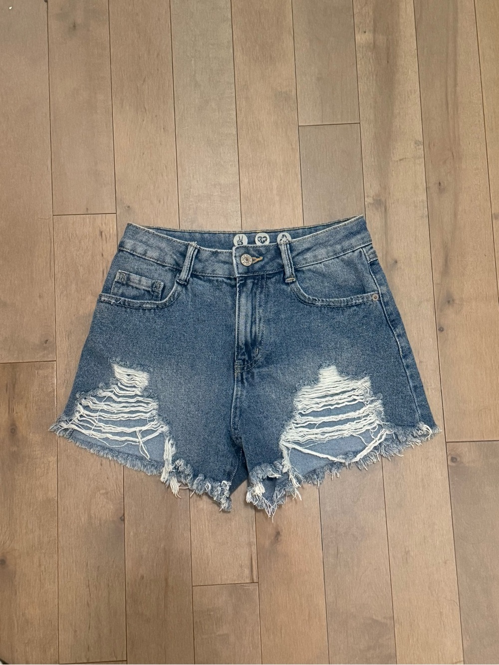 Rewash Distressed Mid-Blue High-Waist Cotton Denim Jean Shorts